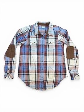 Kavu Womens Blue Rust Plaid Flannel Shirt Corduroy Elbow Patches Size Medium